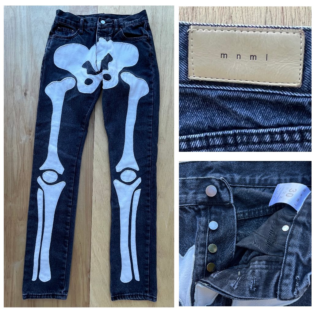 Mnml D184 Skeleton Straight Button Fly Men’s Stone Wash Black Jeans Sz 30w X 34l